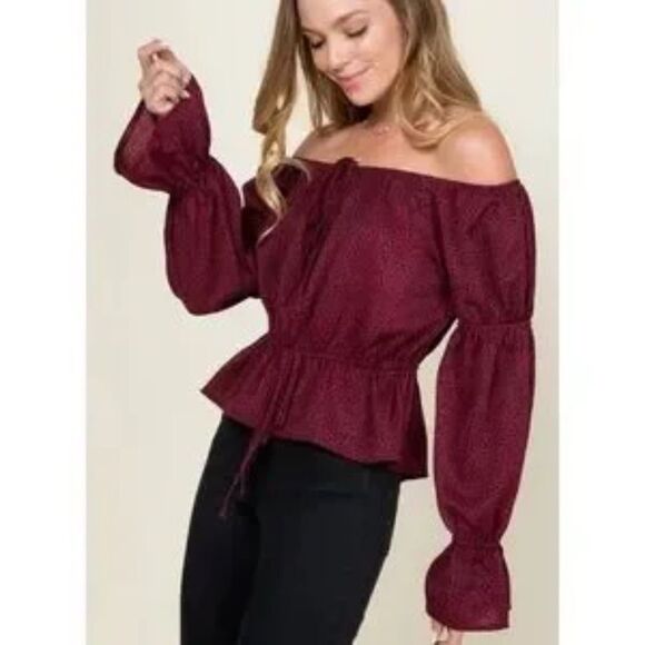 Leopard Animal Printed Off Shoulder Top Burgundy Size Large - Picture 3 of 3